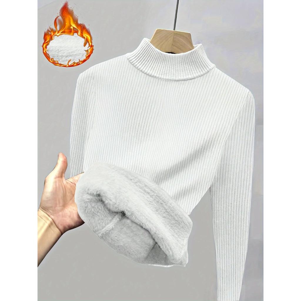 Solid Color Mock Neck Fleece Sweater, Elegant Long Sleeve Thermal Pullover Sweater, Women's Clothing