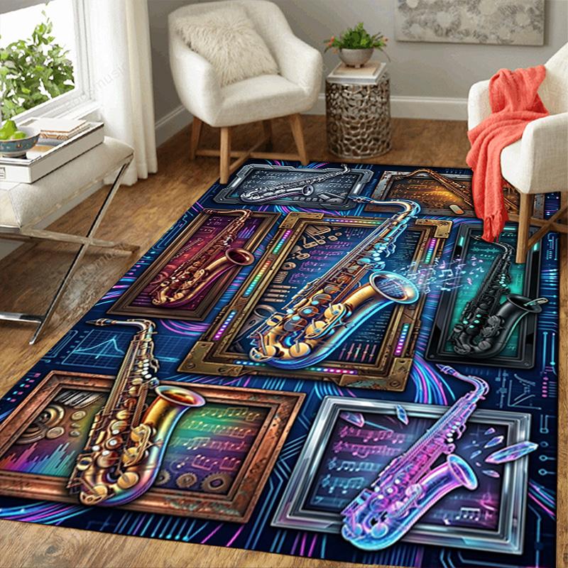 Saxophone Frames Notes Pattern Rug Floor Mat for Living Room or Bedroom Soft and Comfortable Carpet a Gift for Birthday and Holiday.