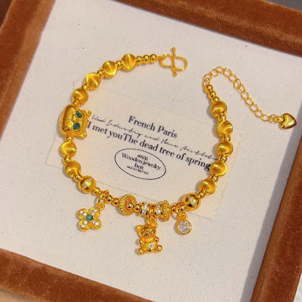 Emerald Green Four-Leaf Clover Kitten Bracelet - Luxury Women's Gold Style Bangle