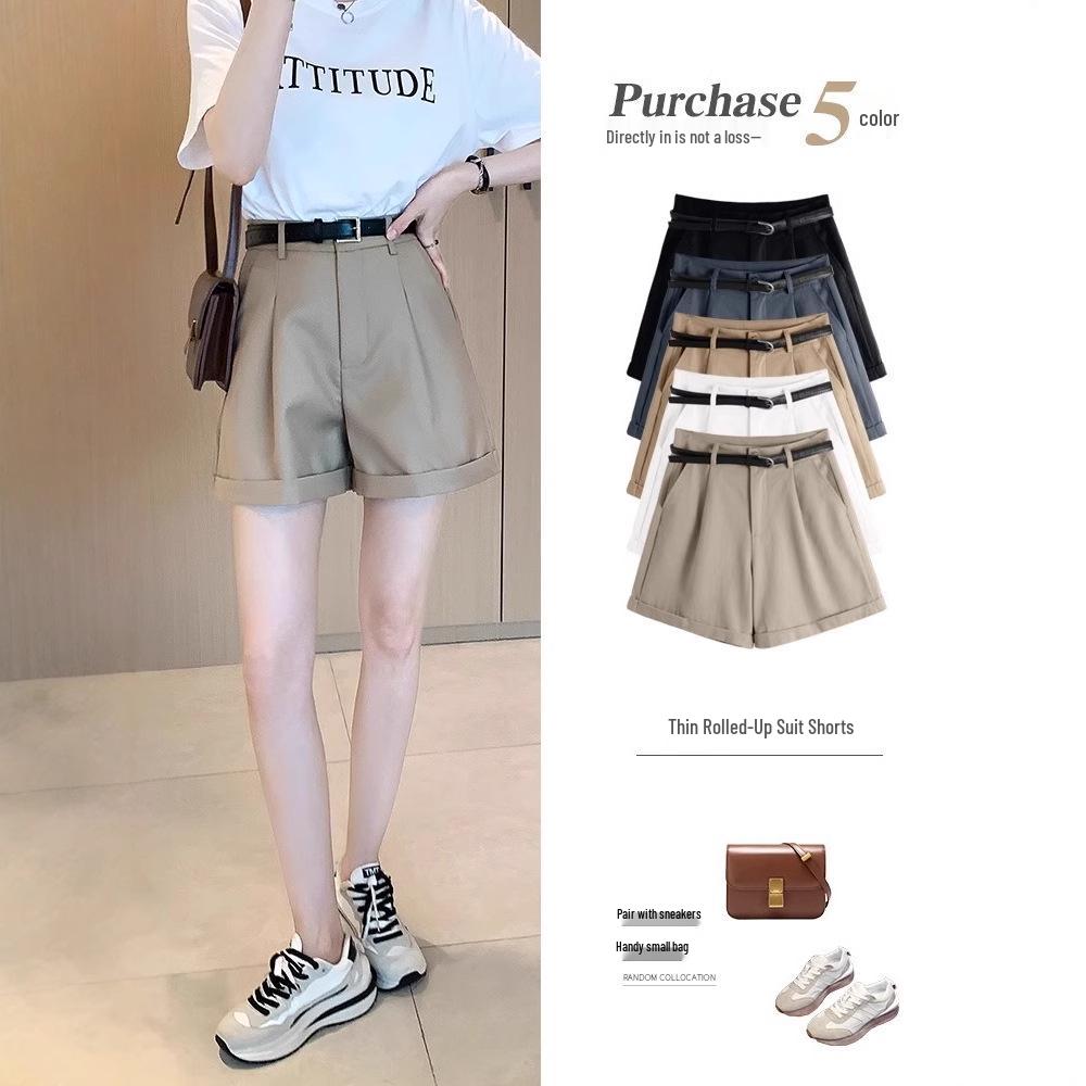 

Women s High-Waisted A-Line Cuffed Suit Shorts - Spring 2025 Casual Fashion, Loose-Fit, Slimming, Wide-Leg Design 4XL