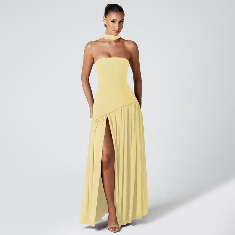 2025 European & American Diagonal Spliced Strapless Evening Gown - Sexy Ruched Long Dress for Women