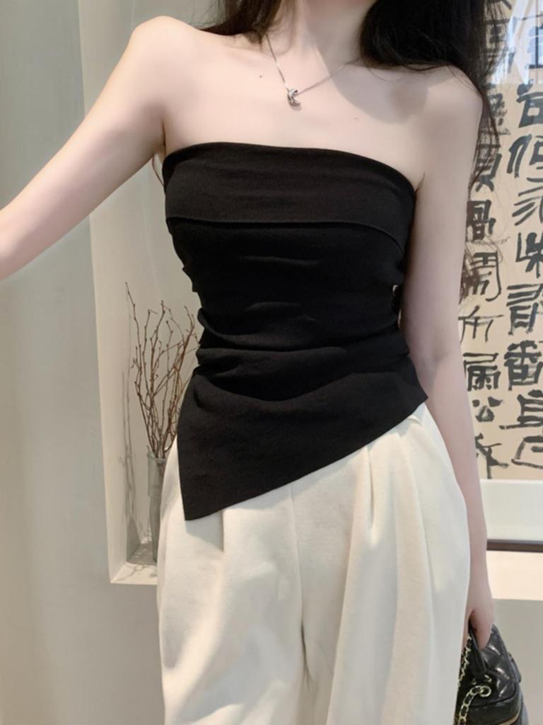 Nieregularny crop top w koreańskim stylu na jedno ramię - Szykowny letni bandeau bez rękawów