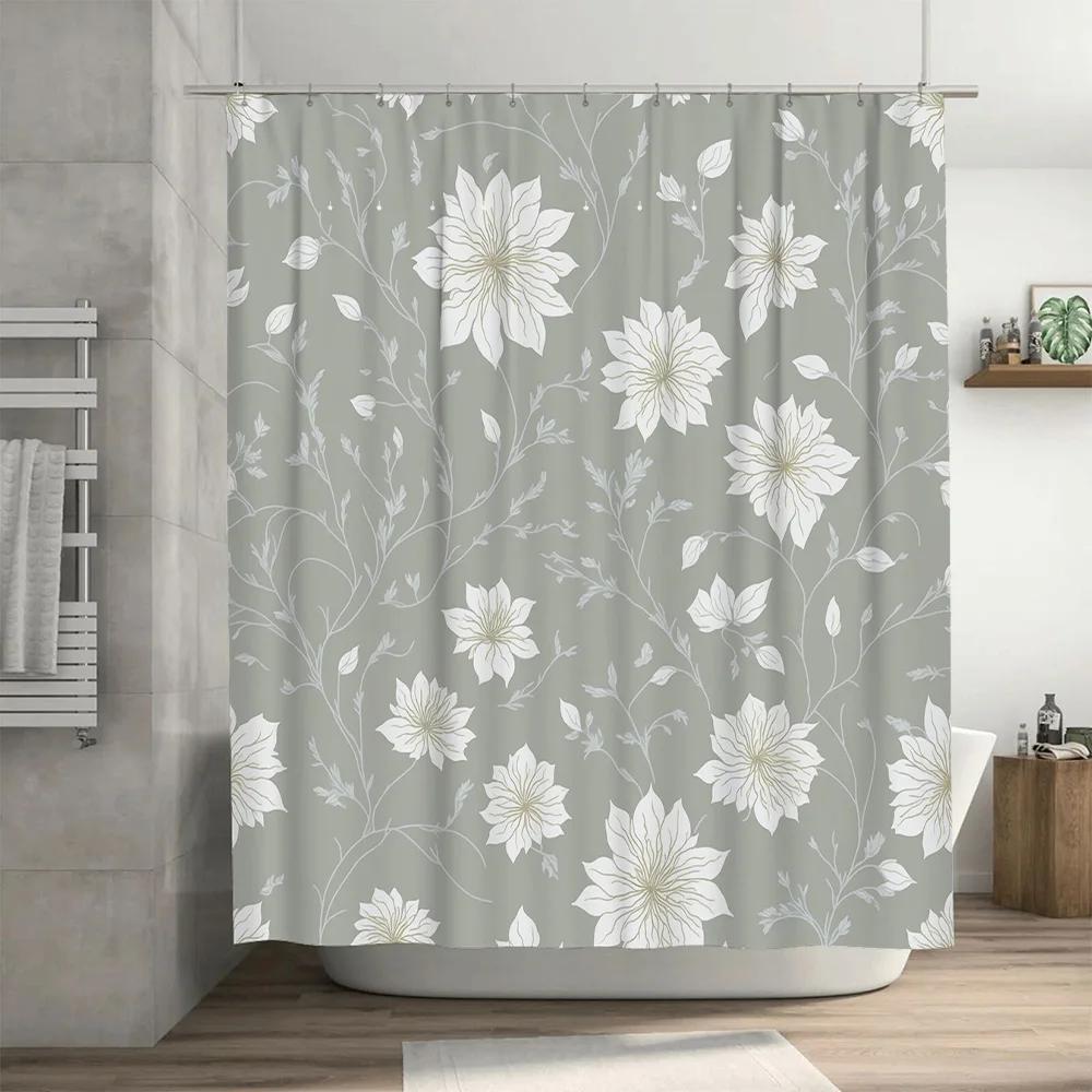 Modern Floral Shower Curtain Grey White Decor for Bathroom with Hooks Included Home Decor Accessories