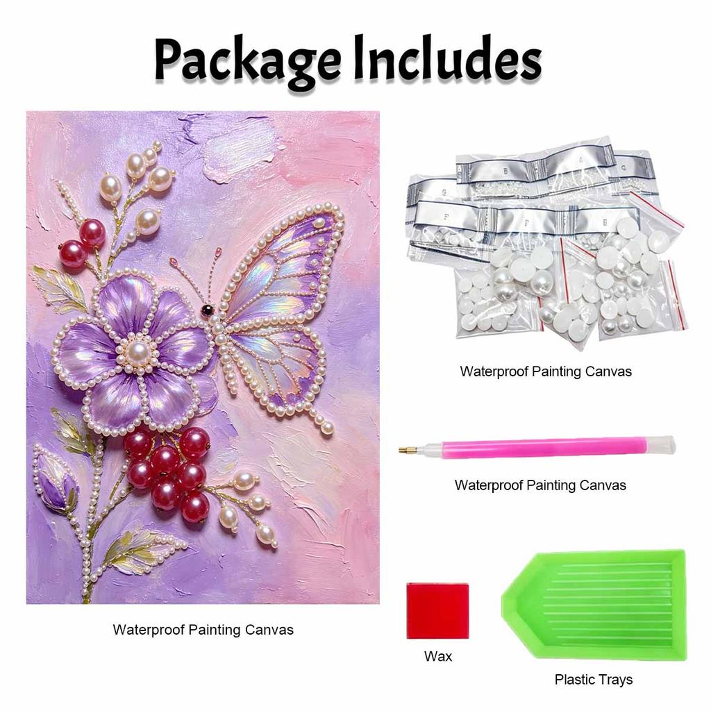 Frameless Pearl Painting Kit Butterfly Flower Pattern DIY 3D Bead Art Canvas Relaxing Handmade Craft for Adults Home Decor