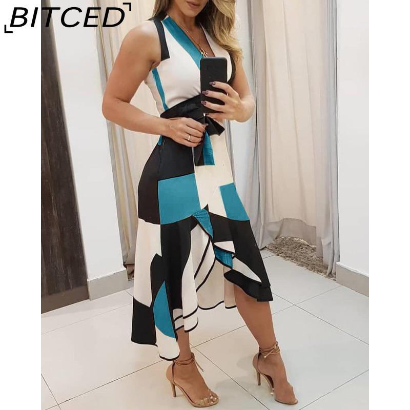 BITCED New Fashion Women Sleeveless V-Neck Colorful Print Tank Dress
