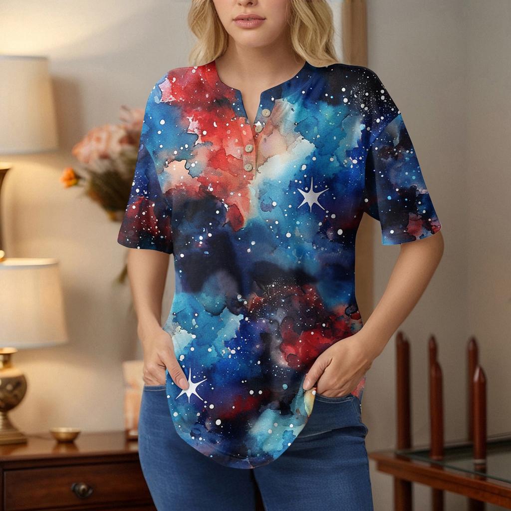Short Sleeve Womens Tops Summer T-Shirts Print V Neck Casual Basic Tee Button Shirts Tunic Tops Independence Day