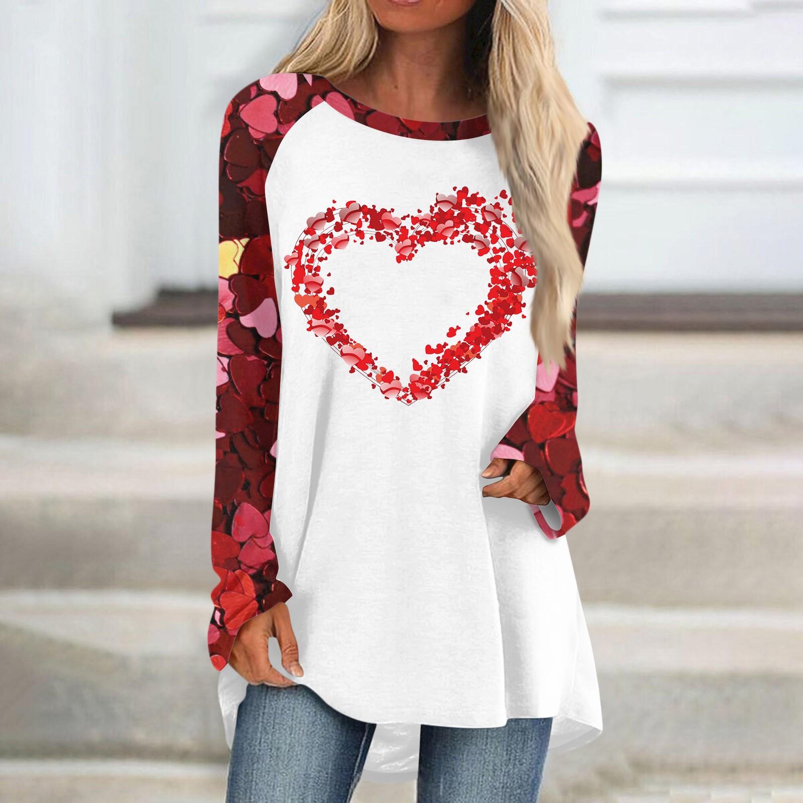 

Женский модный универсальный топ с длинным рукавом и средней длиной с принтом в виде сердечек ко Дню святого Валентина XL арбуз красный