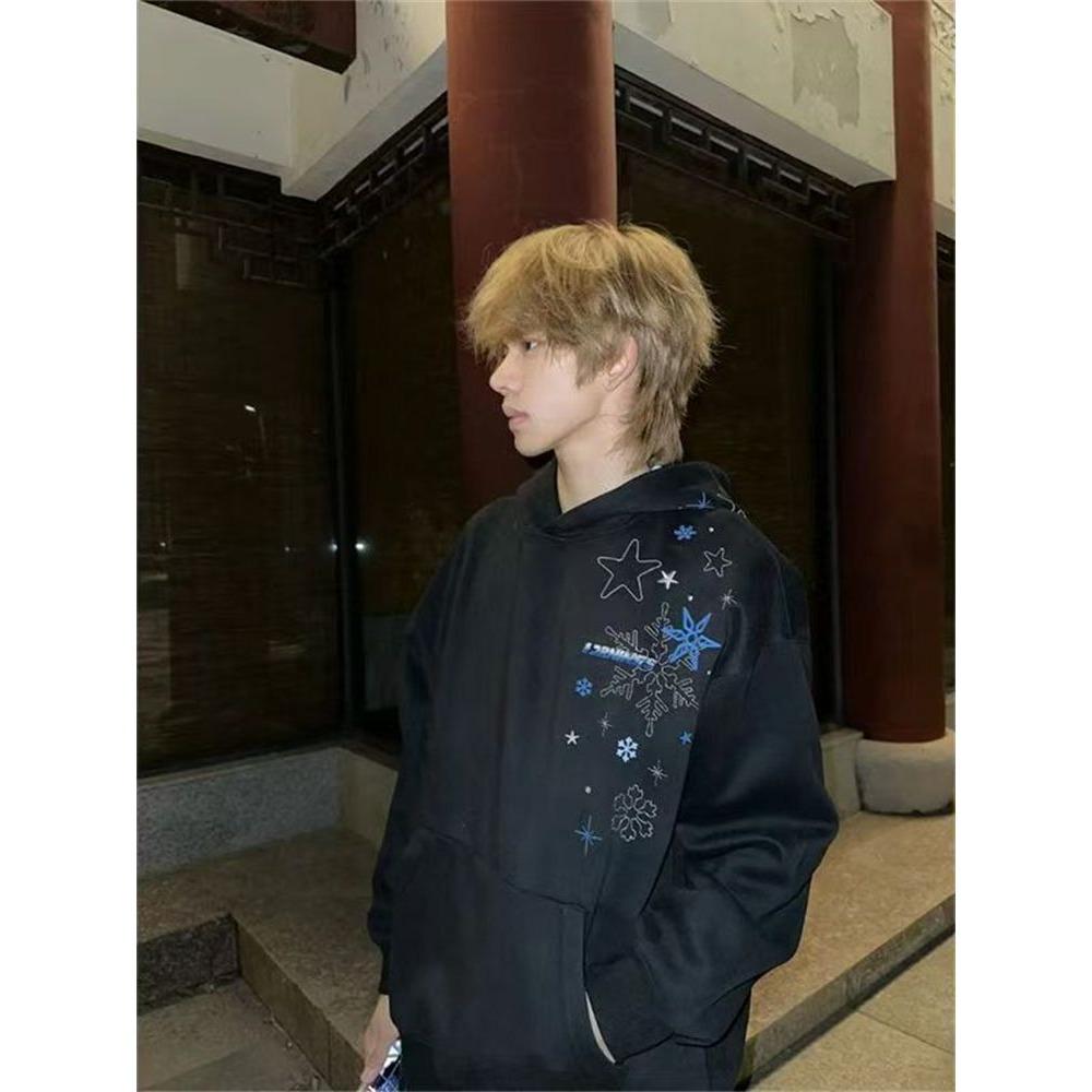 Unisex Retro Snowflake Embroidered Hooded Sweatshirt - Casual Loose Fit for Autumn/Winter