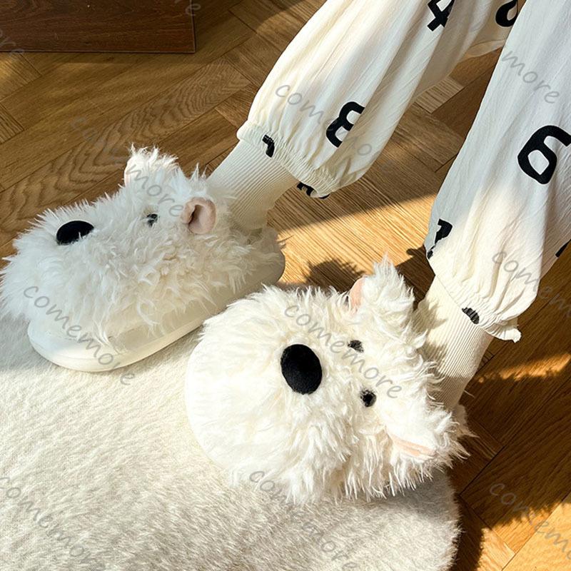 Comemore Women Cute Puppy Cotton Slippers 2025 Winter Soft Indoor Warm Slippers Woman Plush Soft Soled Flat Home Cotton Slippers