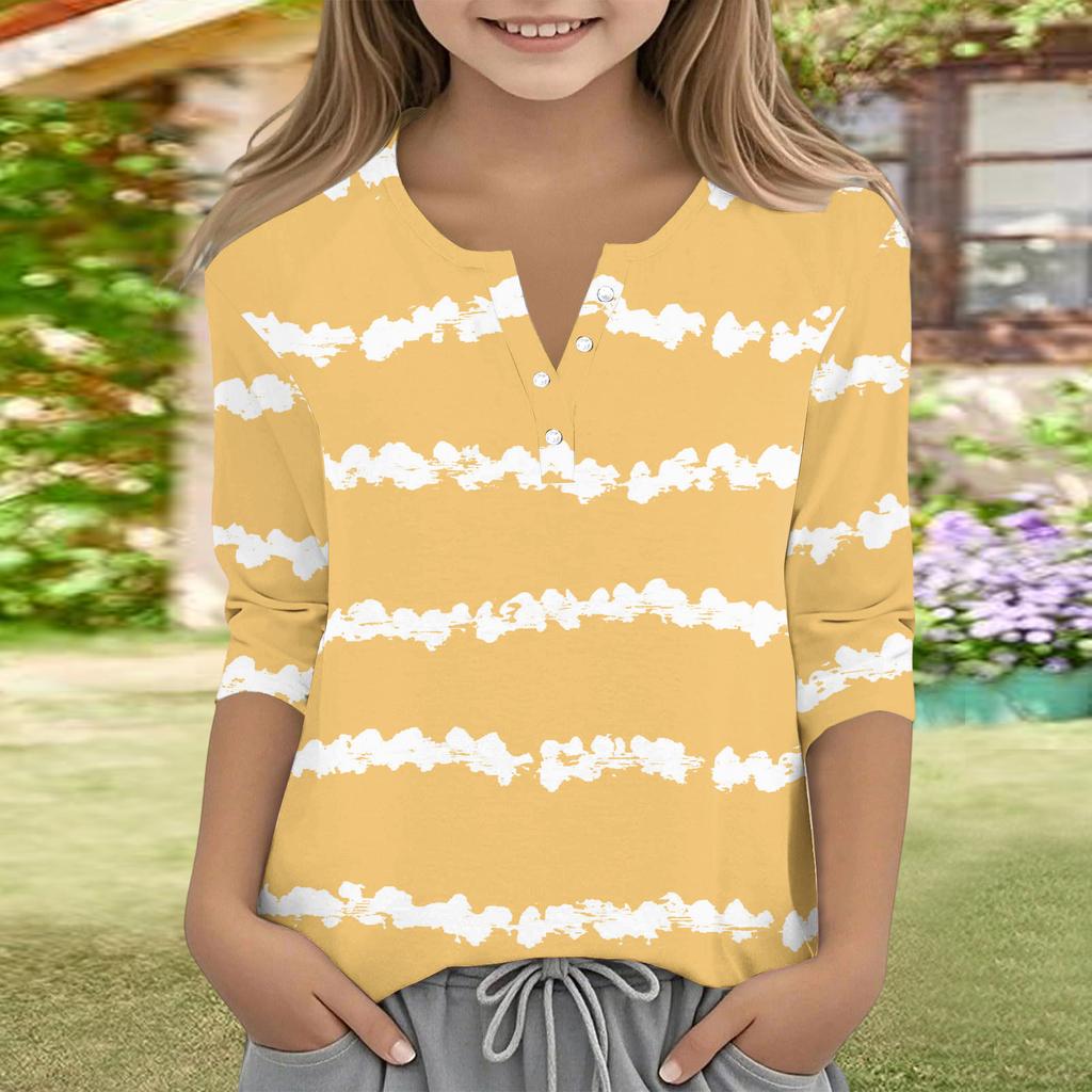 Print Tops For Youth Girls V Neck Button 3/4 Sleeves T-Shirts Trendy Tops Outfit Tees