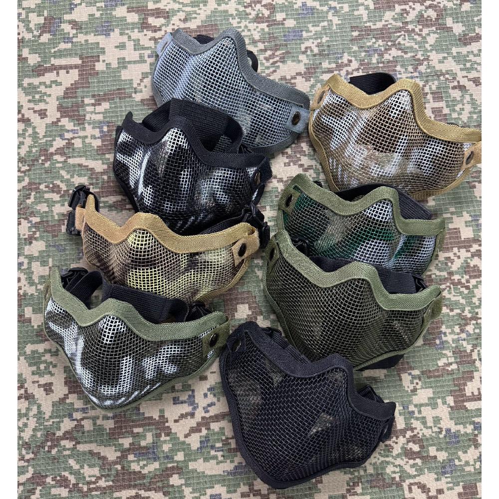 Maschera Facciale Mezza Faccia in Acciaio con Doppia Cinghia V1, Maschera Protettiva Tattica Camo per CS Airsoft Wargame Allenamento