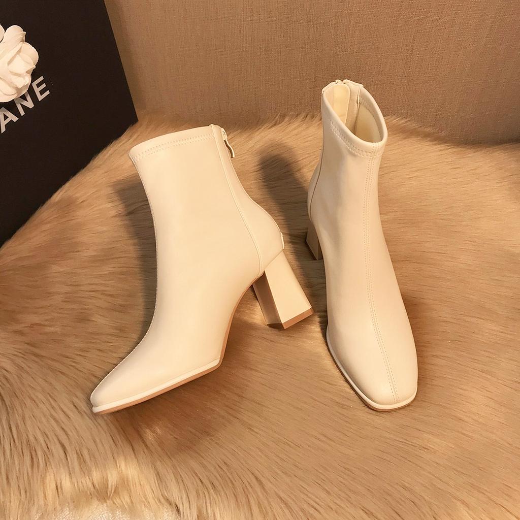 Versatile Short Boots! Skinny Boots Thick Heel Women's Autumn and Winter Velvet Square Head High Heel Cowhide Bare Boots 7cm Small Man Looks Tall