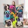 Cute Cartoon Pug Dog Blanket Colorful Pet Illustration Soft Cozy Warm Throw for Bed Sofa Travel Gift