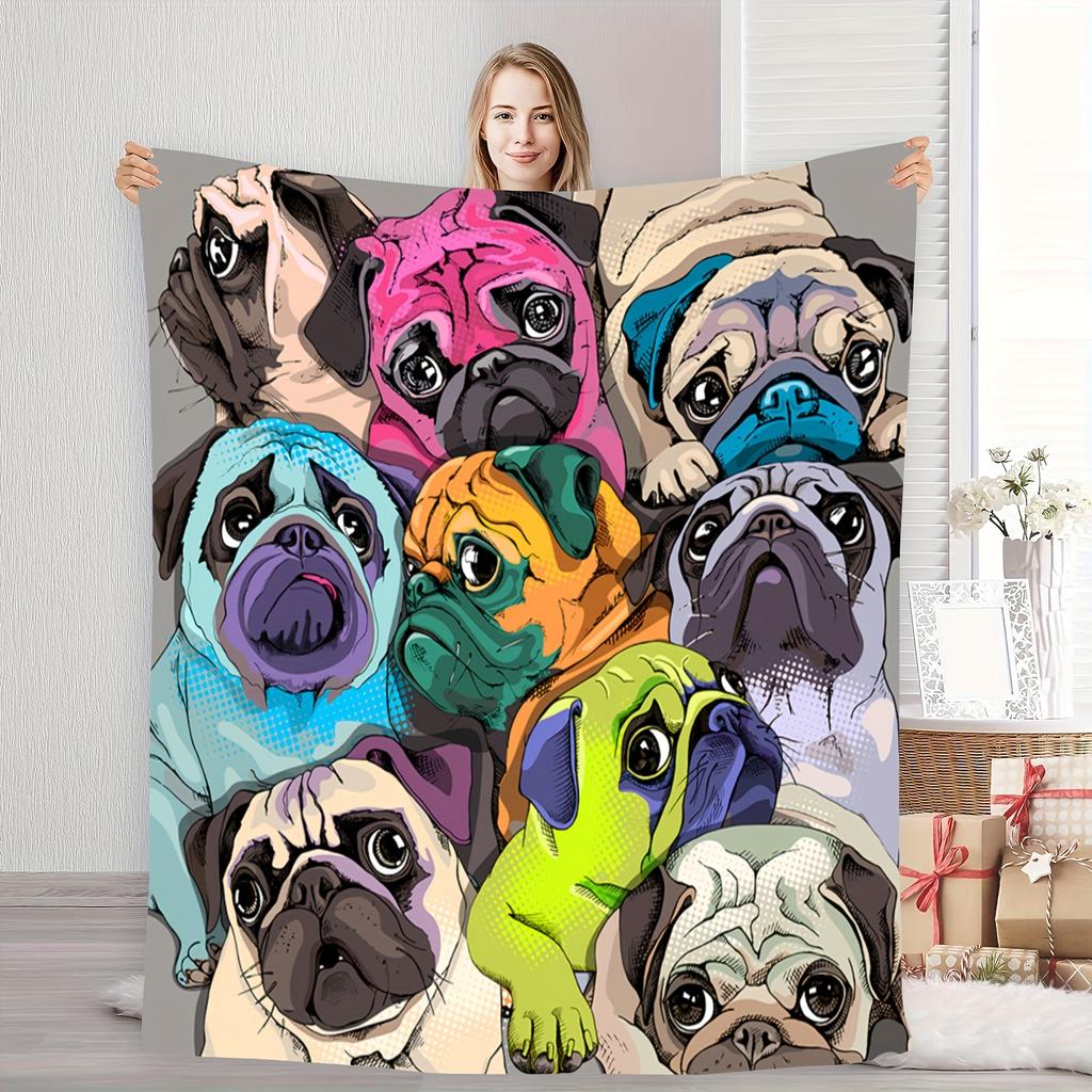 Cute Cartoon Pug Dog Blanket Colorful Pet Illustration Soft Cozy Warm Throw for Bed Sofa Travel Gift