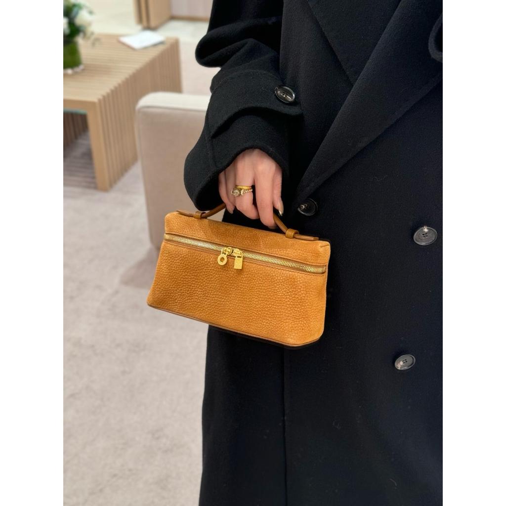 2025 New Gold Buckle Nubuckle Cowhide LP19 Lunch Box Bag Genuine Leather Versatile Small Square Bag Handheld One Shoulder Crossbody Bag for Women