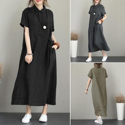 POLO-Kragen, Baumwolle, Leinen, Revers, kurzärmelig, lockere Tasche, elegantes Damen-Freizeitkleid