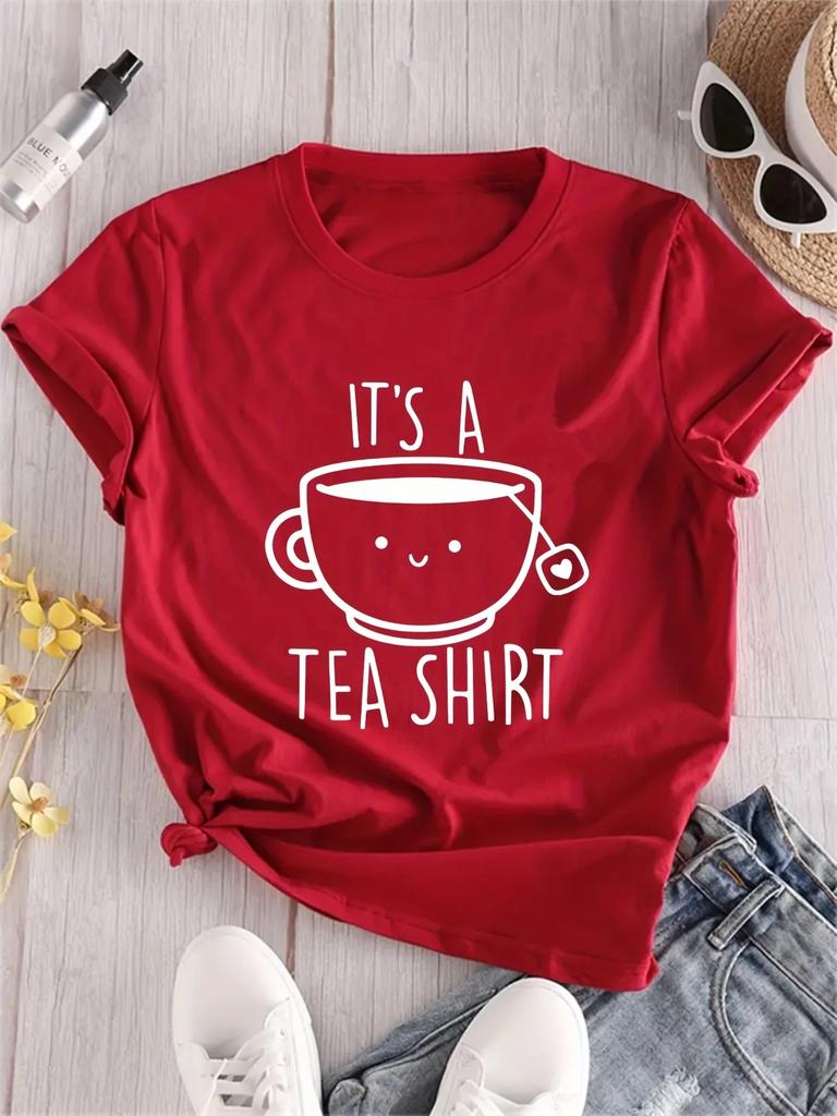 Womens Casual Crew Neck Tshirt Fashion Tee With Its A Tea Shirt Alphabet Cartoon Teacup Pattern Printed Summer Clothing