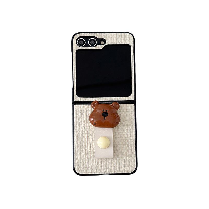 Bear Ring Buckle Mobile Phone Case for Samsung Zflip6 Folding Screen Flip Zflod Leather Case Pocket2 Light Luxury
