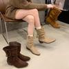 2025 New Thick Heel Pointed Western Boots Retro Tassel Medium Tube Thin Boots Versatile Suede Boots Women's Short Boots