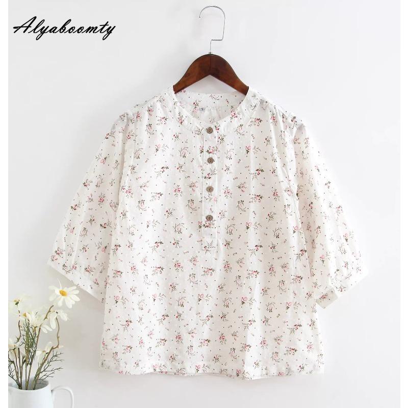 Japanese Mori Girl Summer Women White Sweet Top O Neck Floral Print Casual Loose Blouse Cotton Elegant Half SleeveLadies' Shirt