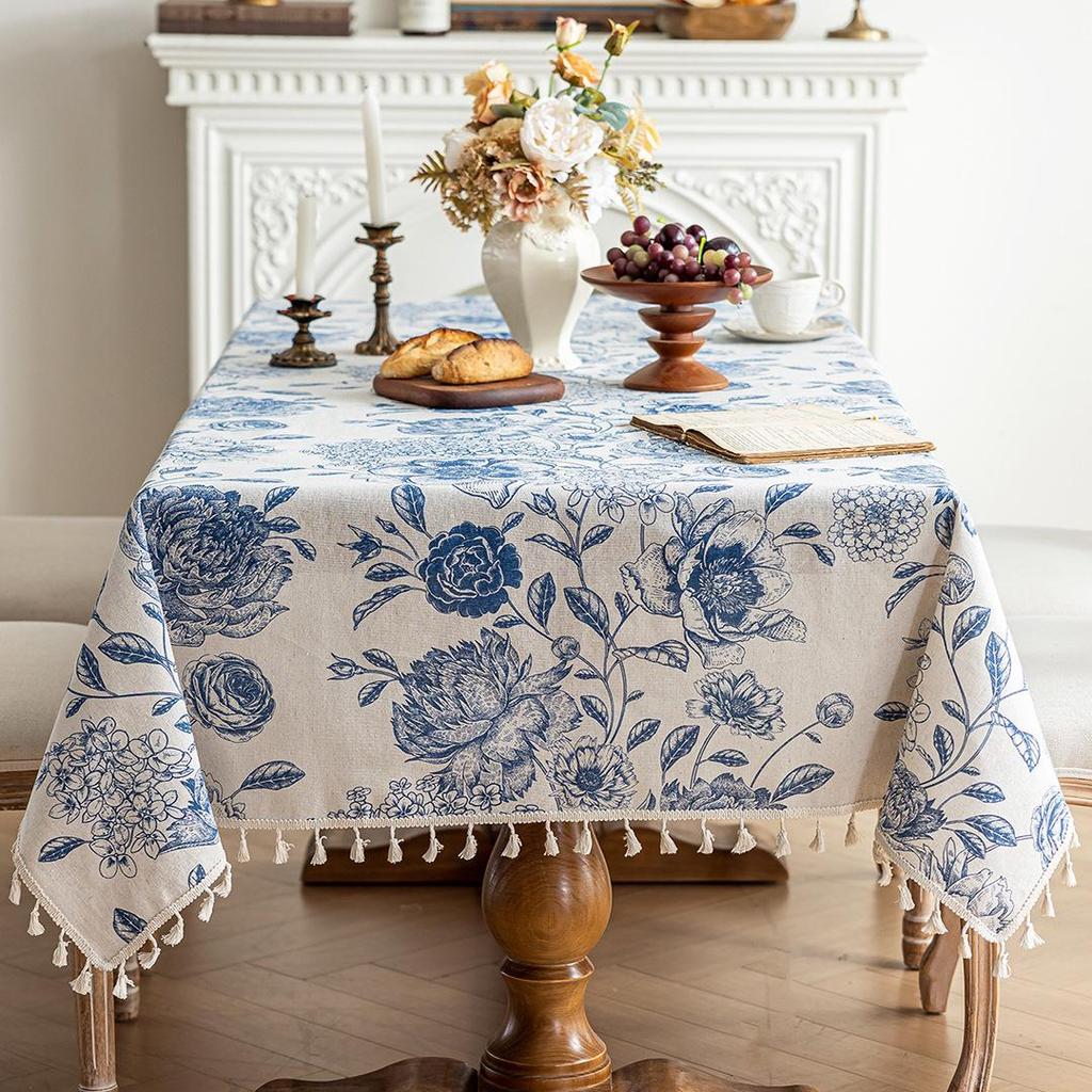 Retro Black Floral Tassel Tablecloth – Rectangular, American French Pastoral Style Coffee Table Cover.