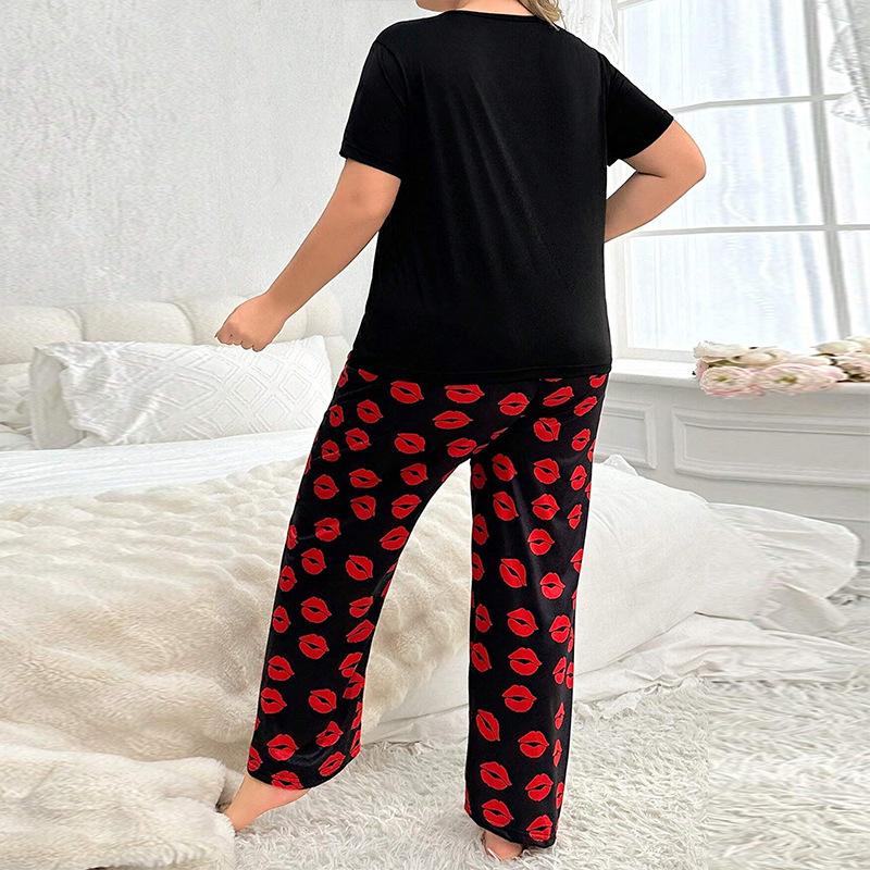 Frühling Sommer Übergröße 5XL Damen Grafikdruck Pyjama Set Zweiteiliger Schlafanzug Anzug Loungewear Kurzarm Oberteil und Hose Pyjama Damen Homewear