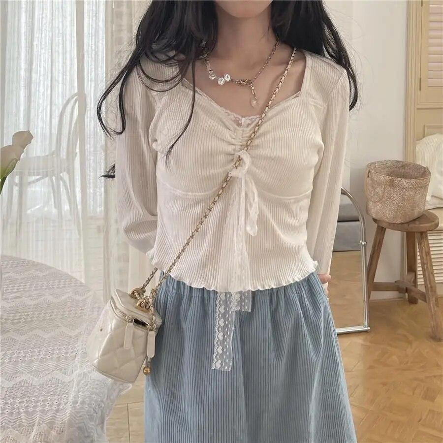Long Sleeve T-shirts Women Square Collar Slim Solid Shirring Cropped Chic Korean Pure Color Tops Vintage Ins Feminino Newest