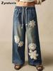 Jeans larghi casual bohémien da donna per l'autunno, Resort, floreali, vestibilità ampia, pantaloni lunghi