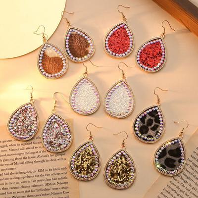 Droplet Rhinestone Sequins Leopard Earrings Exaggerated Leather Earrings Vintage Bohemian Earrings