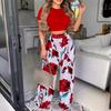Damen Kurzarm-Oberteil und Blumenmuster Weitbein-Hosen-Set in Mehreren Farben
