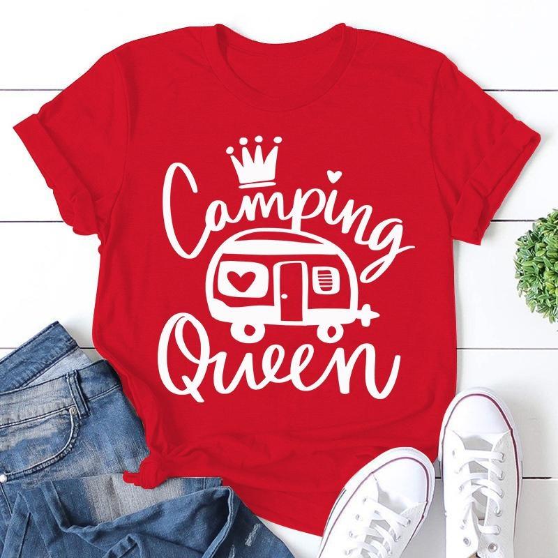Cute Camping Queen T-shirts For Women Summer Tee Shirt Femme Casual Queen Short Sleeve Camping Round Neck Tops T-shirts