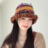 Korean Handcrochet Vintage Rainbow Striped Bucket Hat Women Cute 3D Bowknot Warm Faux Wool Knitted Beanies Fishing Cap