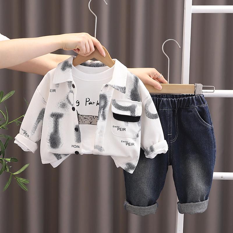 Boys' Long Sleeved 3-piece Set, 0-5-year-old Children's Letter Printed Jacket+white T-shirt+casual Denim Pants, Handsome Clothes