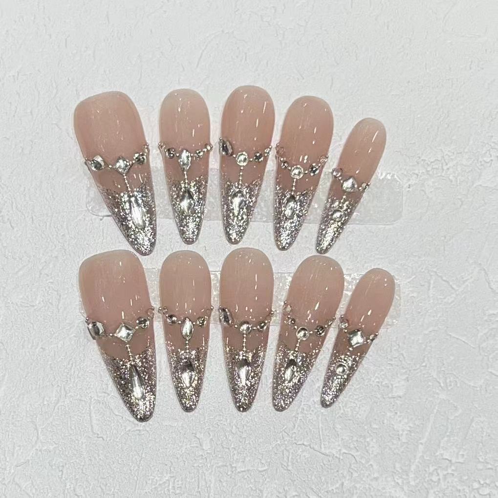 Pure Hand-wearing Nails with Gentle Temperament, Sequins, French Long Nails with Removable Nail Art Products