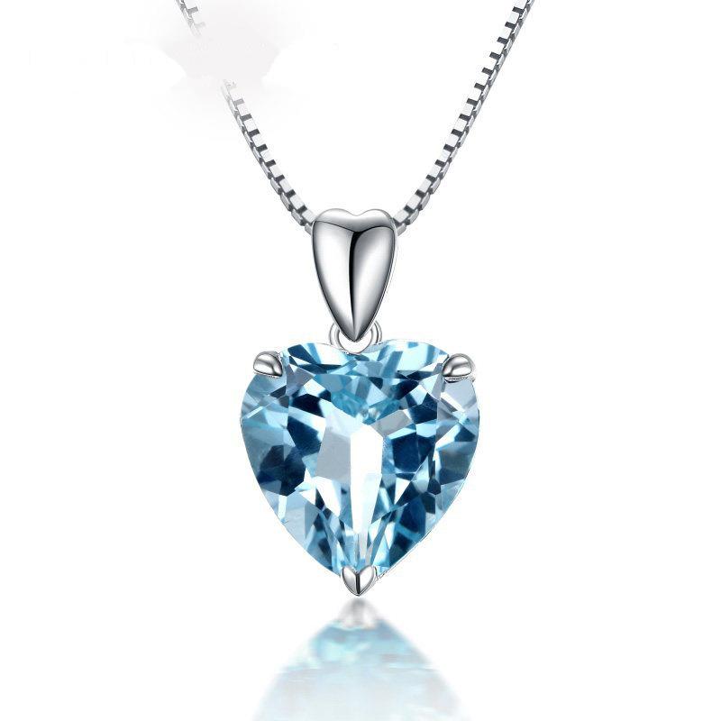 Ocean Heart Blue Crystal Topaz Pendant Necklace - 925 Silver Plated Sapphire Heart Choker