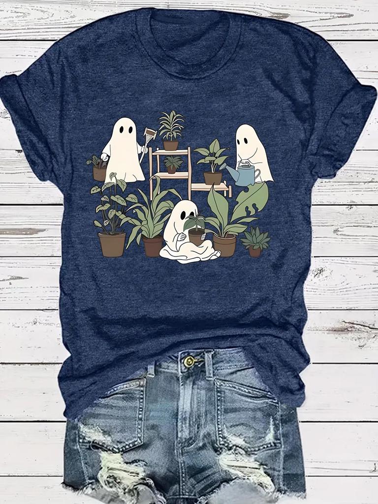 Summer Women's Halloween Ghost Flower Print Round Neck T-Shirt, Casual Fashion, Short Sleeve