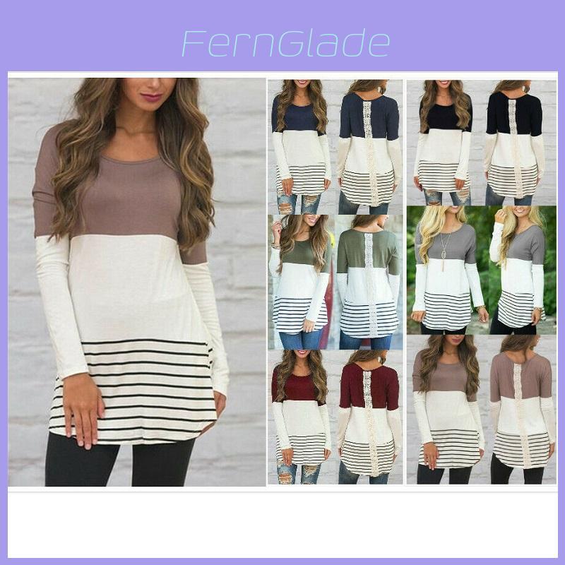 Elegant Women Striped Long Sleeve T Shirt Round Neck Casual Sweatshirt Blouse