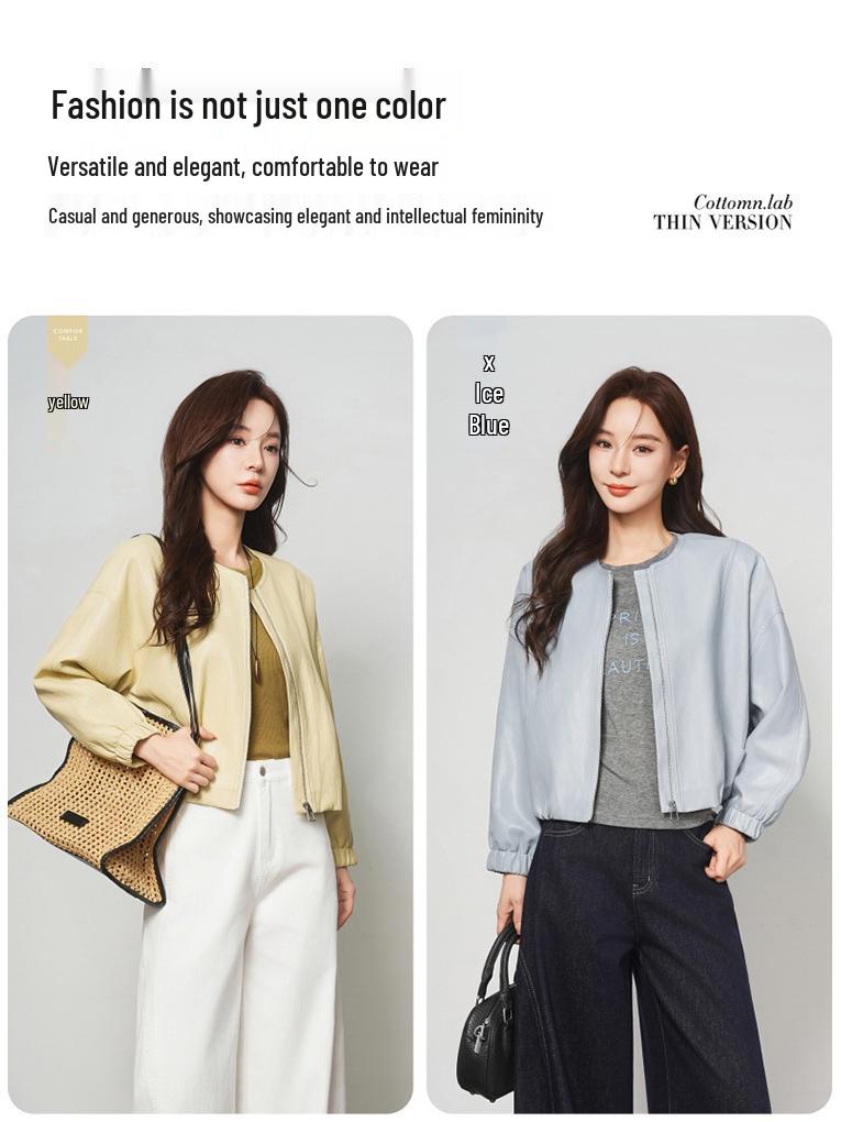 Women’s Genuine Sheepskin Leather Cardigan Jacket - Short, Round Neck, Loose Fit for 2026 Spring/Autumn.