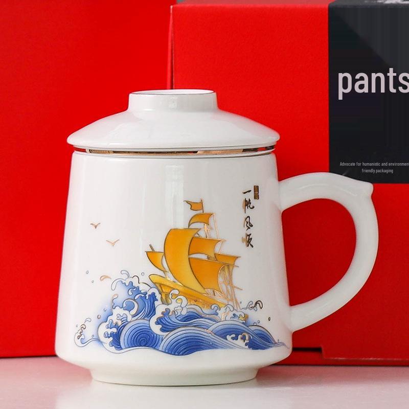 Guochao Style Ceramic Teacup with Filter - Chinese Tea & Water Separation, Customizable Logo for Office Gift