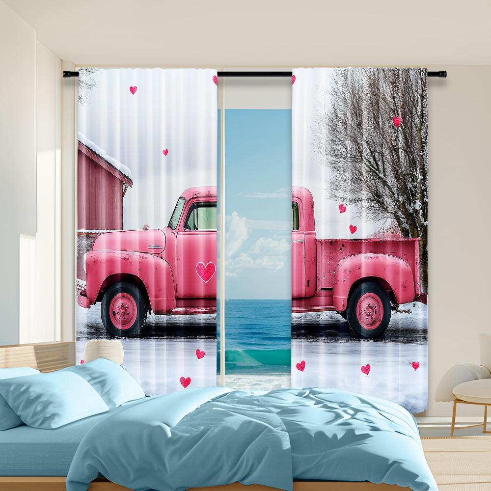 

2 pcs versatile polyester transparent curtains for home decoration Vintage Pink Truck for use in bedrooms and living rooms 100*130 HOOK 1pcs