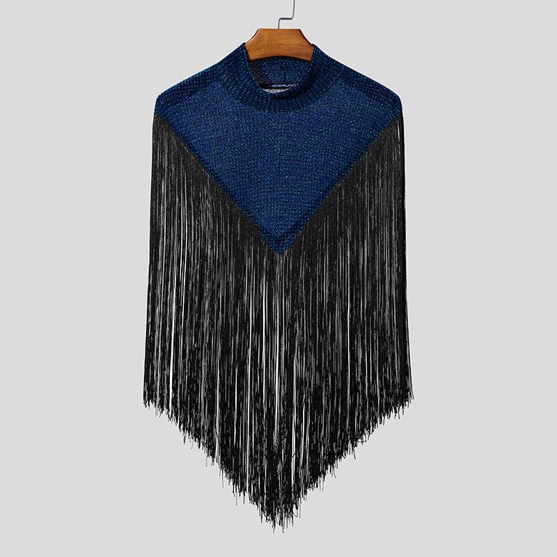 

INCERUN Летние мужские плащи с высоким воротником, блестящей клеткой, кисточками, полупрозрачные топы 3XL синий