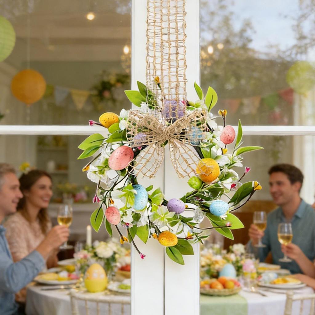 Easter Wreath for Front Door Hangable Artificial Floral Garland with Bow Design Window Ornament for Home Holiday Decorations