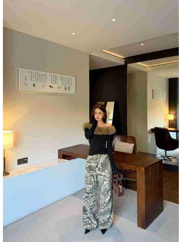 Lu Sheng Unisex Hip Hop Camo Wide-Leg Pants: Retro Curved Knife Design for Casual Street Dance S