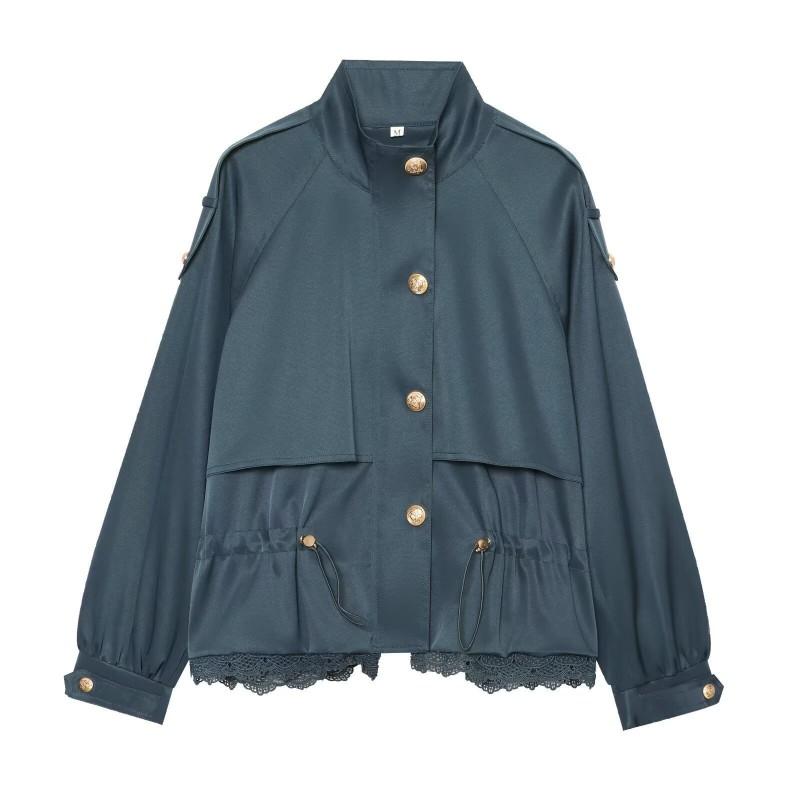 2026 Womens Streetwear Lace Patchwork Stand Collar Cargo Jacket W04 8228