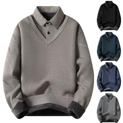 Herrars vardagliga färgblockerande och patchwork-stil tvådelad hoodie, Herrars lös V-ringad patchwork-revers skjort-hoodie