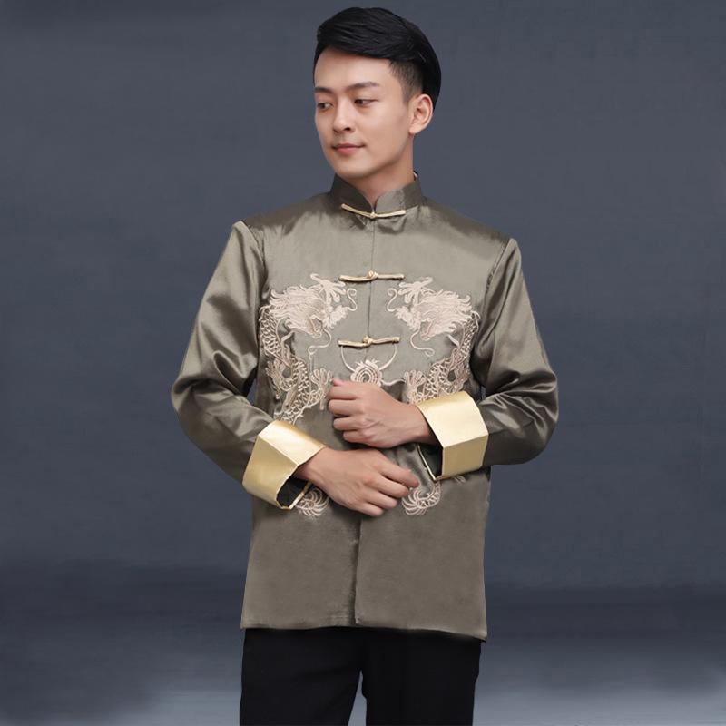 Chinese Traditional Men Tang Suit Shirt Stand Collar Long Sleeve Dragon Print Shirt Pockets Design Tai Chi Tops