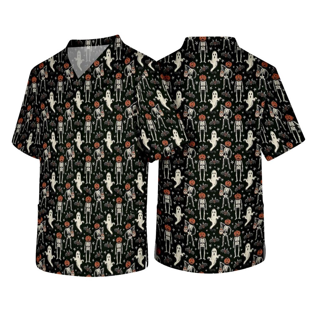 Men's Short Sleeve V Neck Halloween Print Medical Scrub Top with Chest Pocket and Two Lower Pockets Suitable for Healthcare Professionals