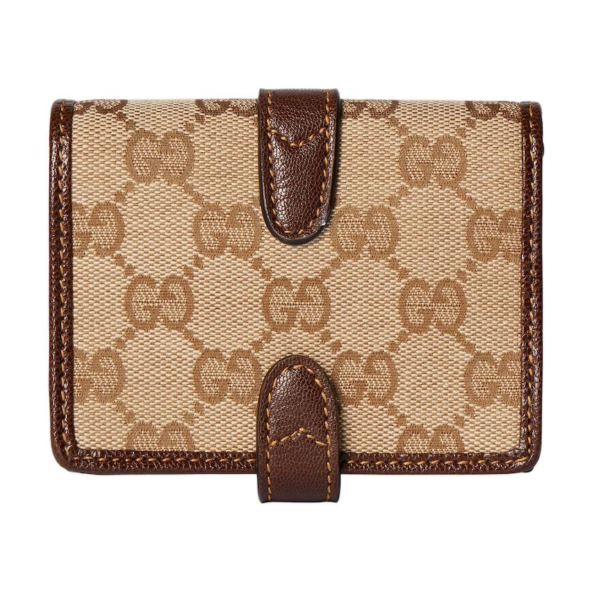 Gucci GG Monogram Canvas Leather Trim Jackie 1961 Bifold Wallet With Gold Hardware For Women Luxury Daily Use