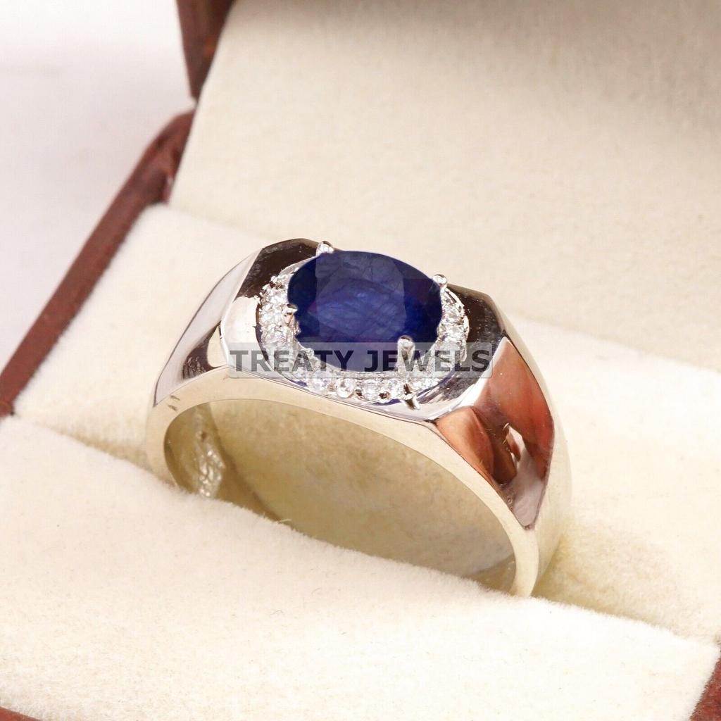 Blue Sapphire Oval Cut Gemstone With 925 Sterling Silver Ring For Men's #B603 JL375686493963