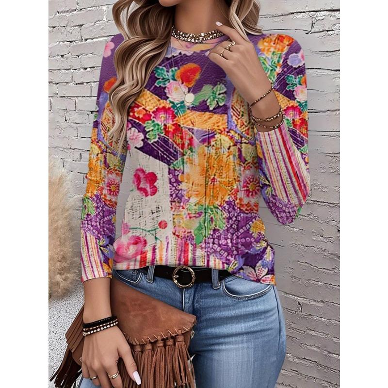 2026 New Women's Fashionable Long-Sleeved T-Shirt with Fresh Floral Pattern, Perfect for Everyday Wear and Stylish Outfits